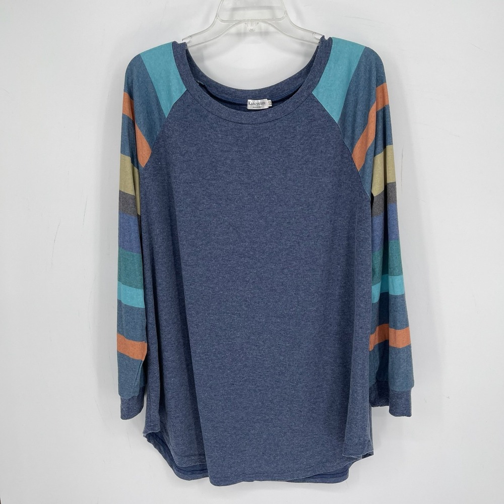 Kancystore Women's Blue Striped Stretch Raglan Sleeve Tee T-Shirt Plus Size 22